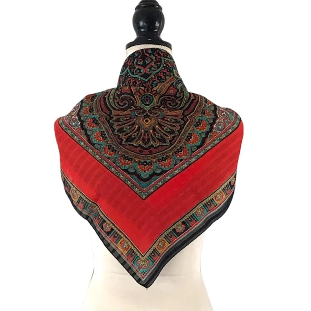 Vintage Red & Black Patterned Scarf - 30” square